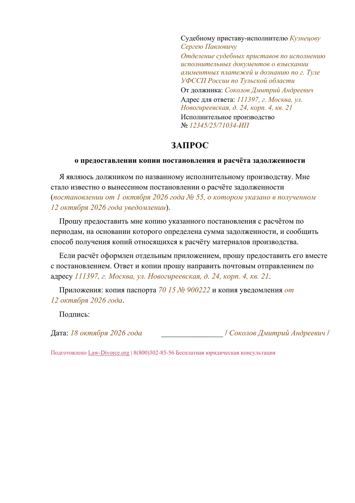 Первая страница заполненного образца: Запрос плательщика о копии уже вынесенного постановления и расчёта