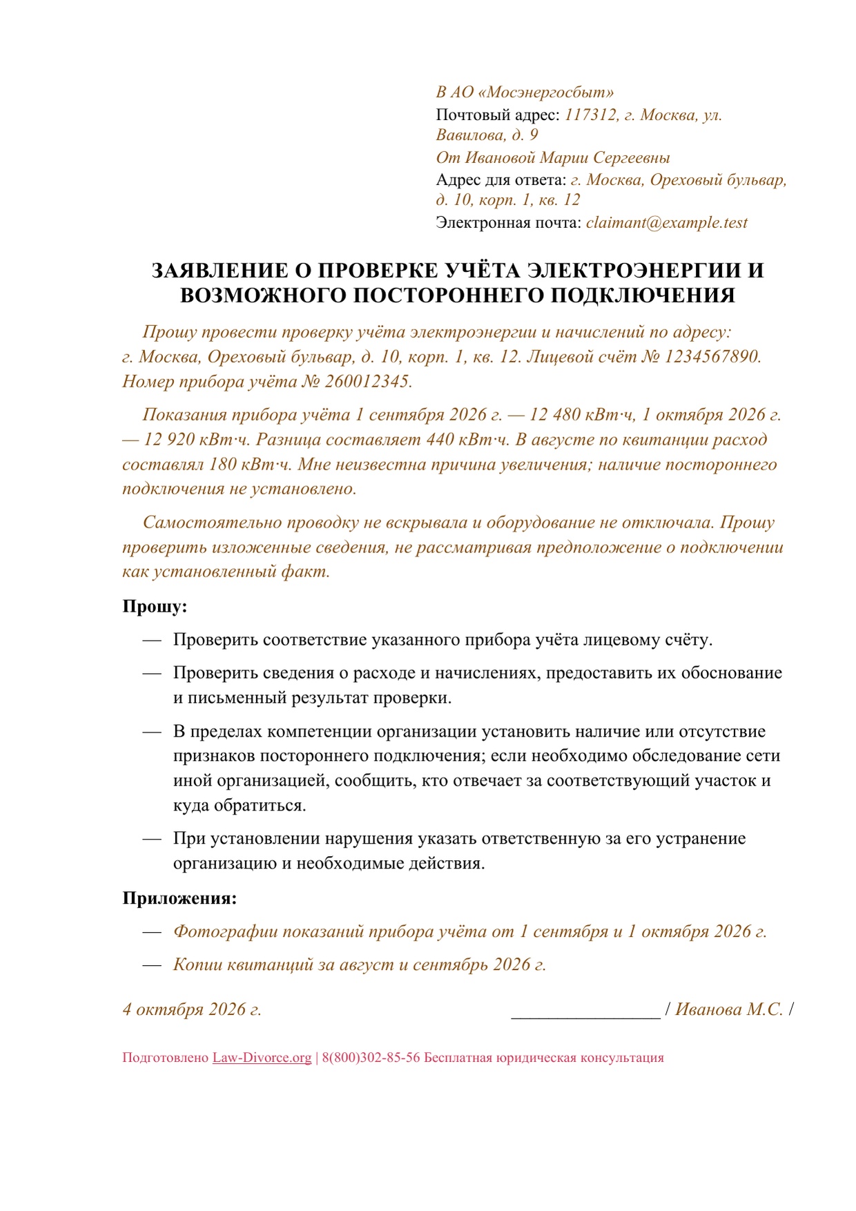 Первая страница заполненного заявления о проверке учёта электроэнергии и возможного постороннего подключения